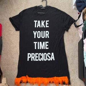 Zara T-shirt black dress with orange faux fur